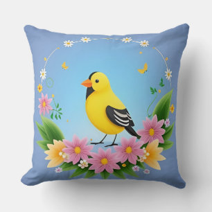 Colourful Bird Surrounded by Flower Wreath Throw Pillow