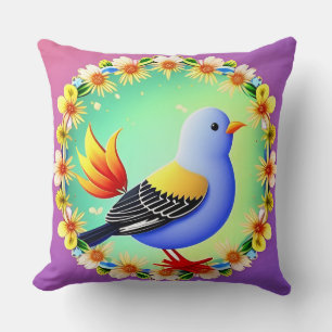 Colourful Bird Surrounded by Flower Wreath Throw Pillow