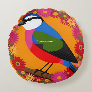 🦜 Colourful Bird Vibrant Floral Nature Art 🦜 Round Pillow
