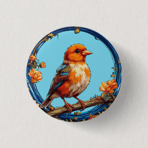 Colourful Bird with Floral Frame 1 Inch Round Button