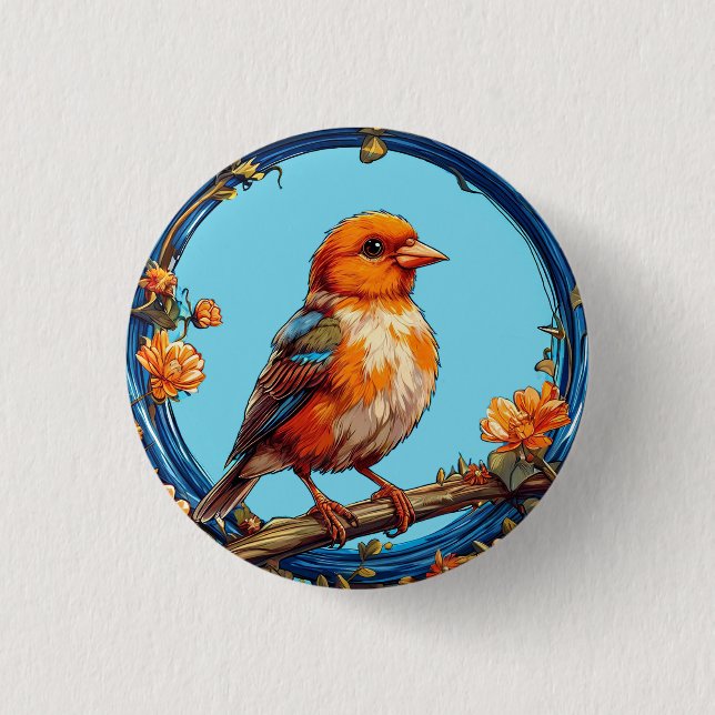 Colourful Bird with Floral Frame 1 Inch Round Button (Front)