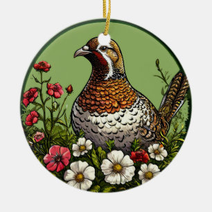 Colourful Bird with Floral Frame Ceramic Ornament