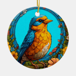 Colourful Bird with Floral Frame Ceramic Ornament