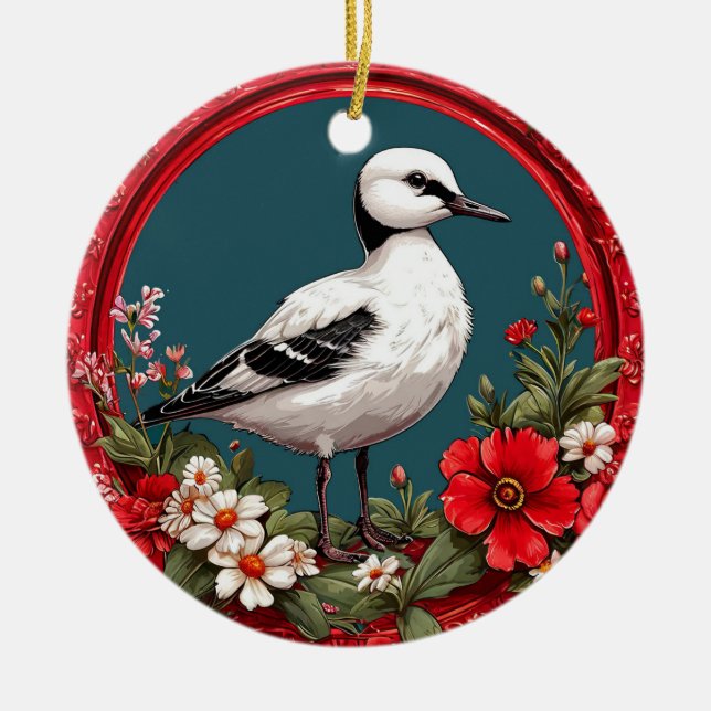 Colourful Bird with Floral Frame Ceramic Ornament (Front)