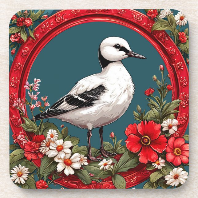 Colourful Bird with Floral Frame Coaster (Front)