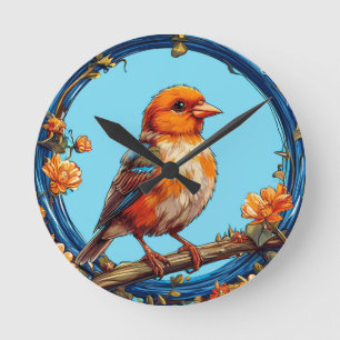 Colourful Bird with Floral Frame Round Clock