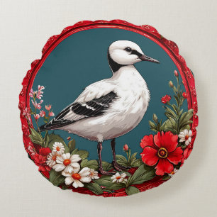 Colourful Bird with Floral Frame Round Pillow