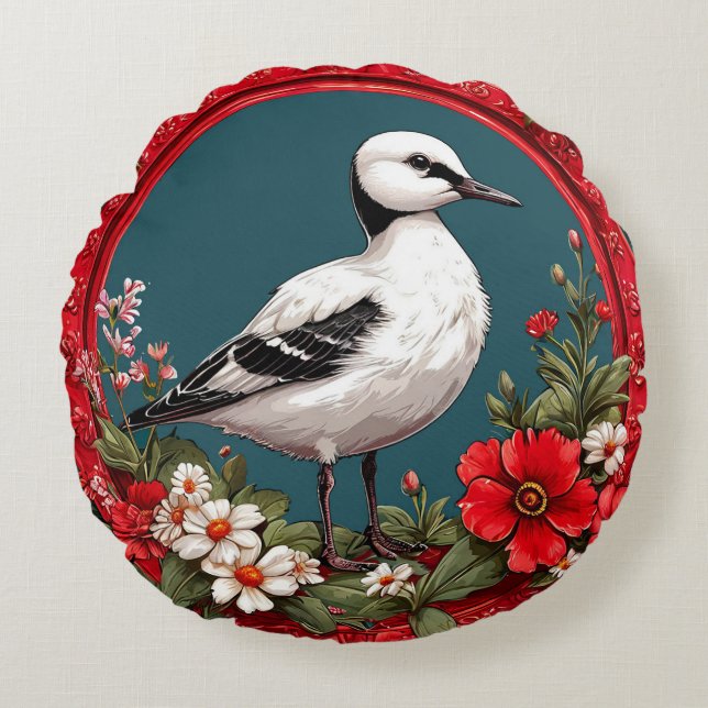 Colourful Bird with Floral Frame Round Pillow (Front)