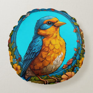Colourful Bird with Floral Frame Round Pillow