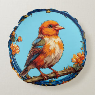 Colourful Bird with Floral Frame Round Pillow