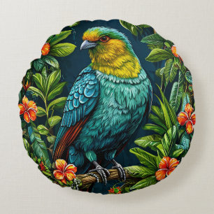 Colourful Bird with Floral Frame Round Pillow