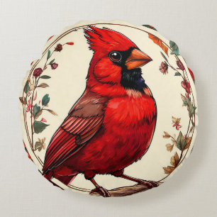 Colourful Bird with Floral Frame Round Pillow