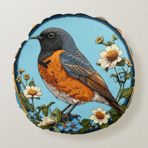 Colourful Bird with Floral Frame Round Pillow