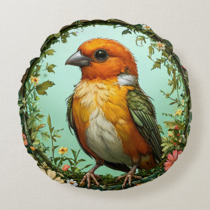 Colourful Bird with Floral Frame Round Pillow