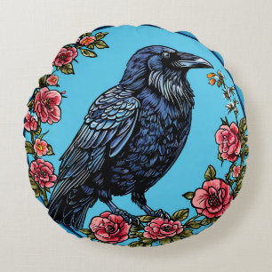 Colourful Bird with Floral Frame Round Pillow