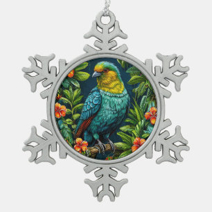 Colourful Bird with Floral Frame Snowflake Pewter Christmas Ornament
