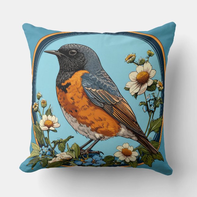 Colourful Bird with Floral Frame Throw Pillow (Front)