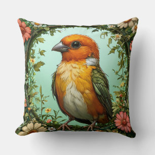 Colourful Bird with Floral Frame Throw Pillow