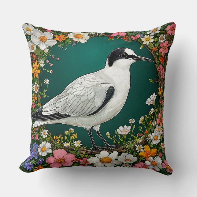 Colourful Bird with Floral Frame Throw Pillow (Front)