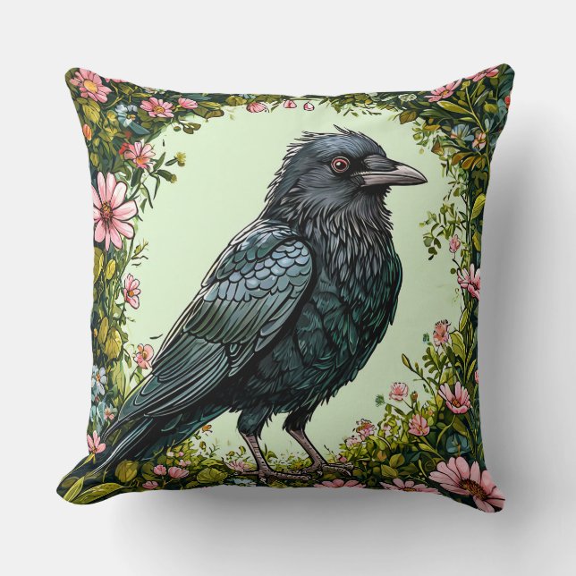 Colourful Bird with Floral Frame Throw Pillow (Front)
