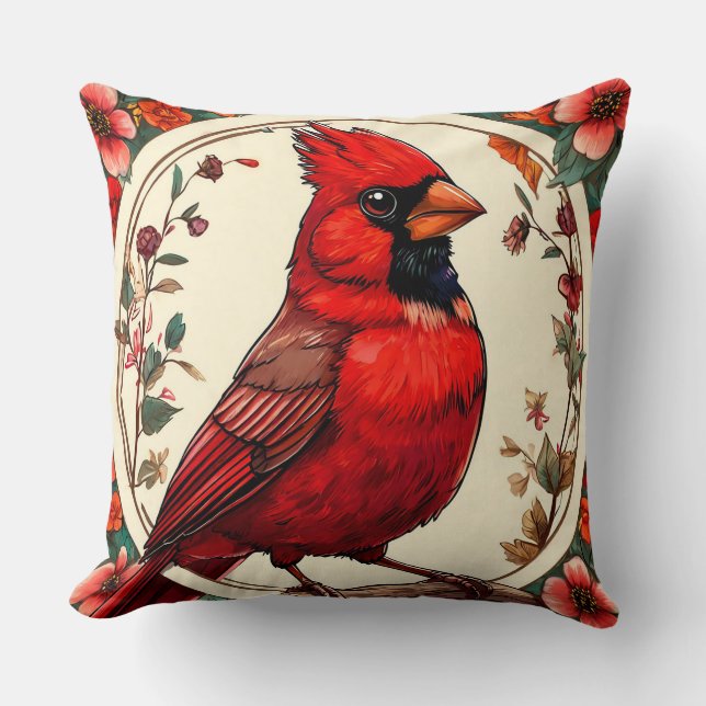 Colourful Bird with Floral Frame Throw Pillow (Front)