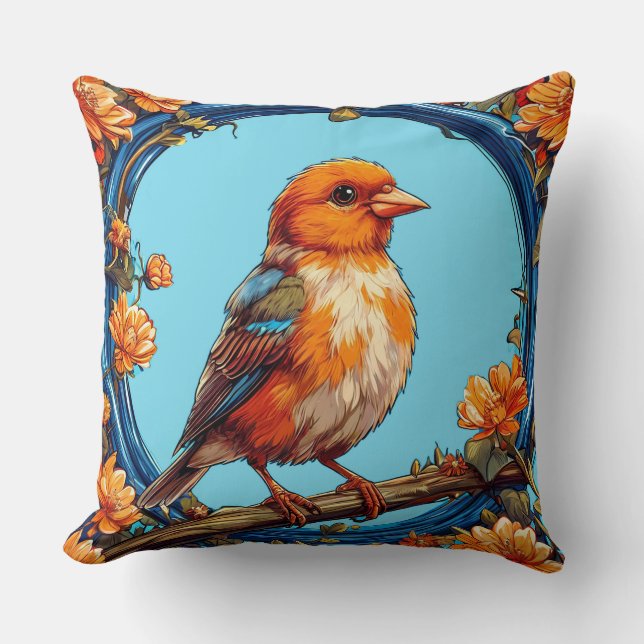 Colourful Bird with Floral Frame Throw Pillow (Front)