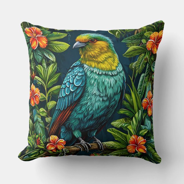 Colourful Bird with Floral Frame Throw Pillow (Front)