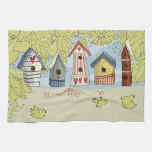 Colourful Birdhouses Kitchen Towel, Horizontal Towel