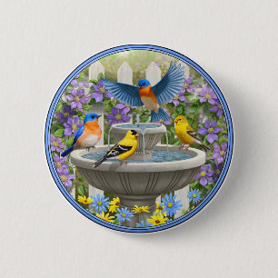 Colourful Birds and Bird Bath Flower Garden 2 Inch Round Button