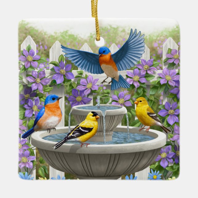Colourful Birds and Bird Bath Flower Garden Ceramic Ornament (Front)