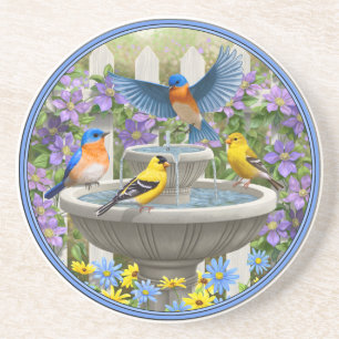 Colourful Birds and Bird Bath Flower Garden Coaster