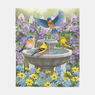 Colourful Birds and Bird Bath Flower Garden Fleece Blanket