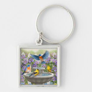 Colourful Birds and Bird Bath Flower Garden Keychain