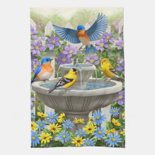 Colourful Birds and Bird Bath Flower Garden Kitchen Towel