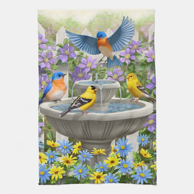 Colourful Birds and Bird Bath Flower Garden Kitchen Towel (Vertical)
