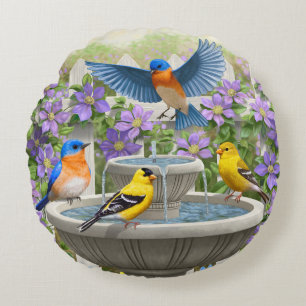 Colourful Birds and Bird Bath Flower Garden Round Pillow