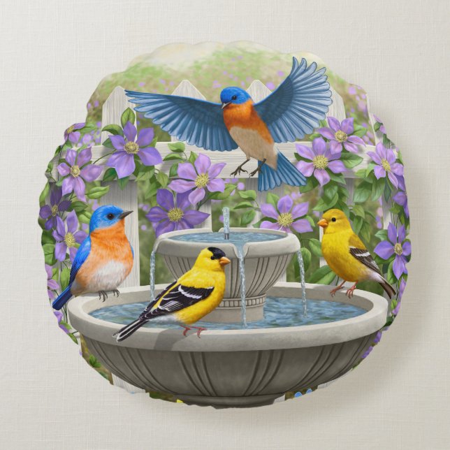 Colourful Birds and Bird Bath Flower Garden Round Pillow (Front)