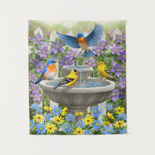 Colourful Birds and Bird Bath Flower Garden Tapestry