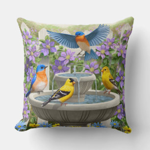 Colourful Birds and Bird Bath Flower Garden Throw Pillow