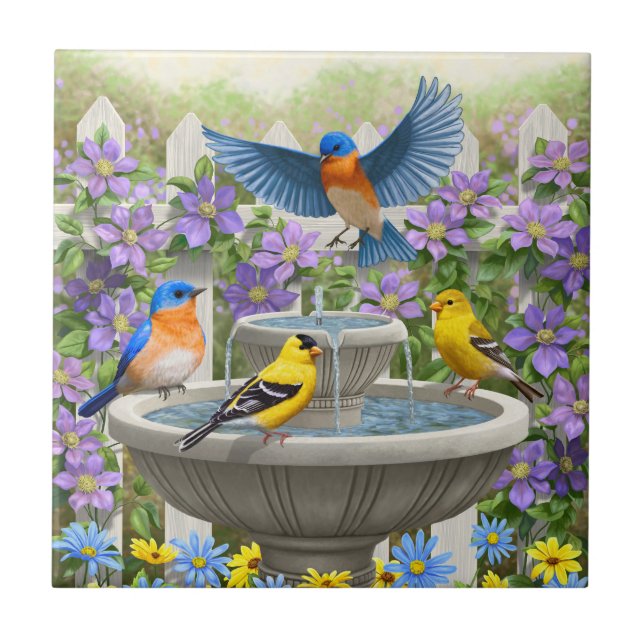 Colourful Birds and Bird Bath Flower Garden Tile (Front)