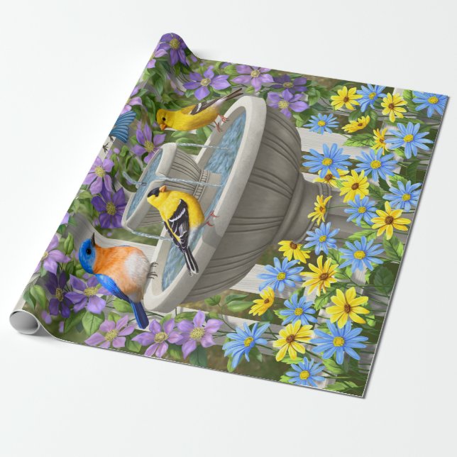 Colourful Birds and Bird Bath Flower Garden Wrapping Paper (Unrolled)