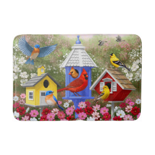 Colourful Birds and Birdhouses Bath Mat