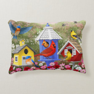 Colourful Birds and Birdhouses Decorative Pillow