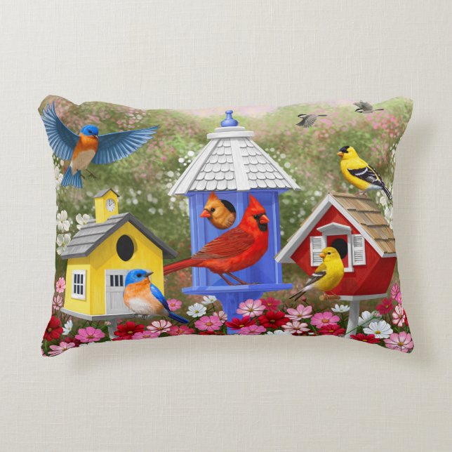 Colourful Birds and Birdhouses Decorative Pillow (Front)