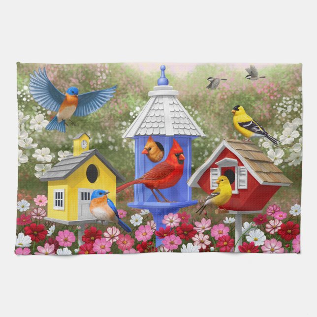 Colourful Birds and Birdhouses Flower Garden Kitchen Towel (Horizontal)