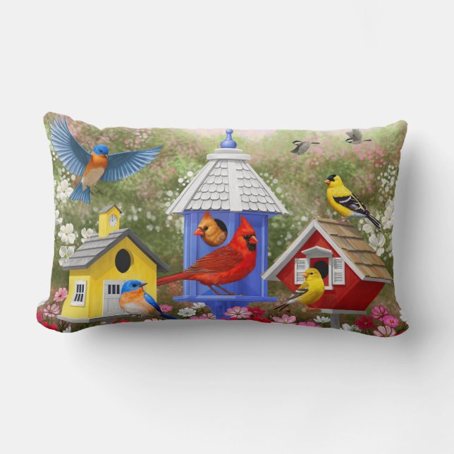 Colourful Birds and Birdhouses Lumbar Pillow (Front)