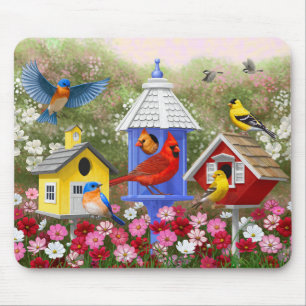Colourful Birds and Birdhouses Mouse Pad