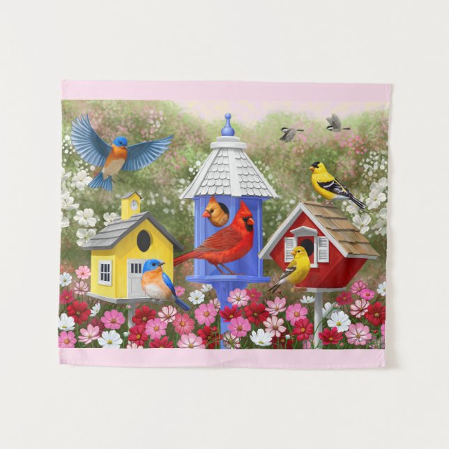 Colourful Birds and Birdhouses Tapestry (Front (Horizontal))