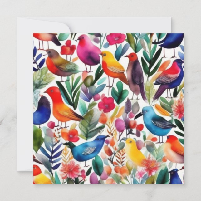 Colourful birds and flowers Invitation (Front)