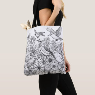 Colourful Birds and Flowers on a Colouring  Tote Bag